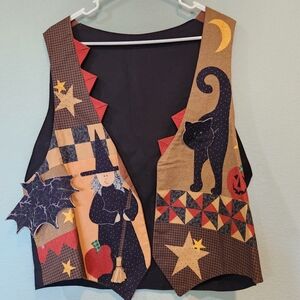 Vtg Fall Halloween Patchwork Applique Embellished Vest L/XL Witch Cat Bat